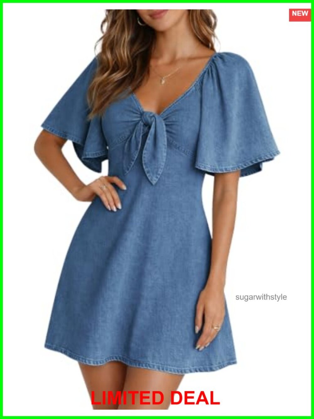 BISUAL Womens Denim Dress Tie Front Flutter Sleeve Fit Flare Jean Dress
